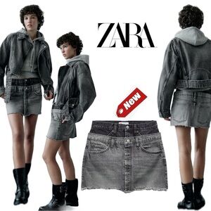 Zara two toned gray double waistband denim Jean mini skirt Sz L NWT